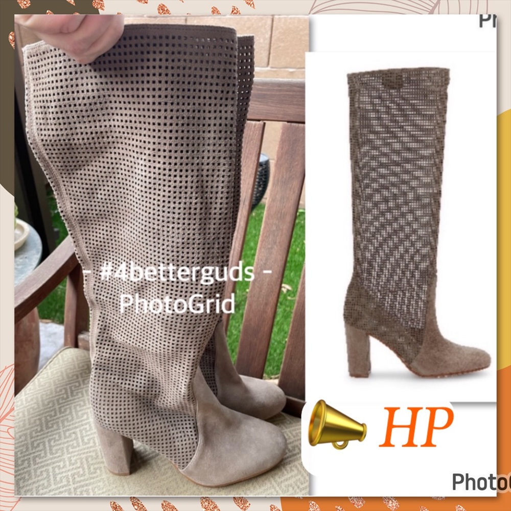 NEW Vince Camuto Secillia Perforated Taupe Suede Tall Heeled Boots 6.5M 37